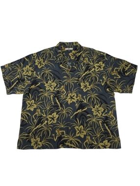 Tommy Bahama Silk Linen Blend Hawaiian Palm Tree Shirt Men's XXL Black Gold NWOT